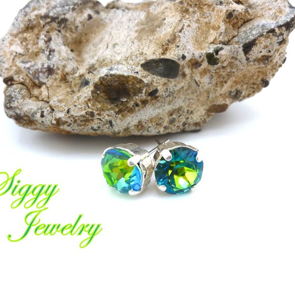 Green Sphinx Solitaire Crystal Earrings, 10mm (45ss) Drops or Studs, Iridescent - Picture 5 of 8